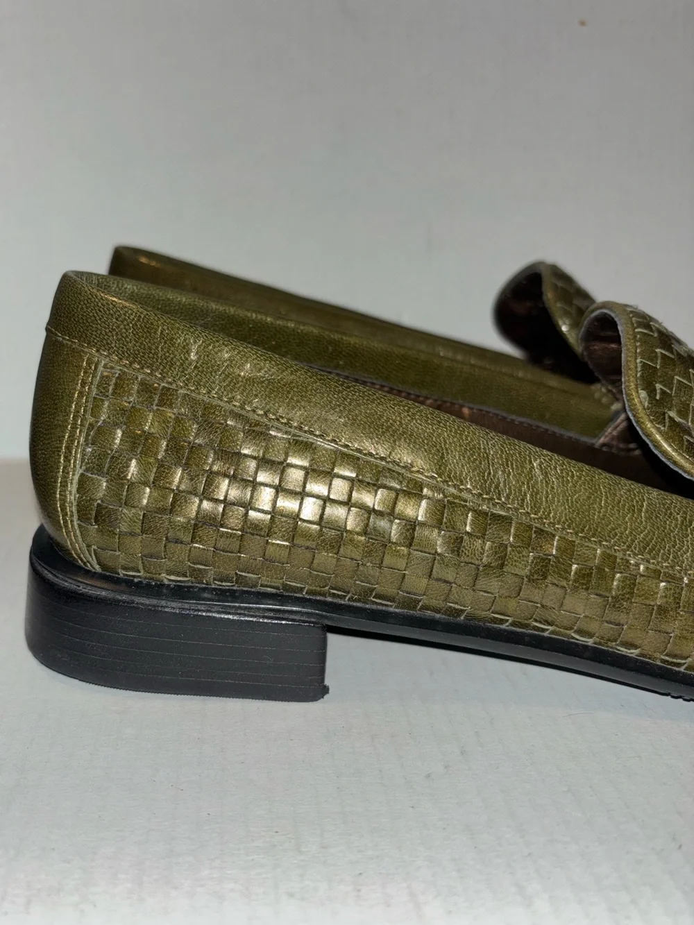 A. Marinelli Olive Woven Leather Loafers olive green Woman's Size 8 square toe